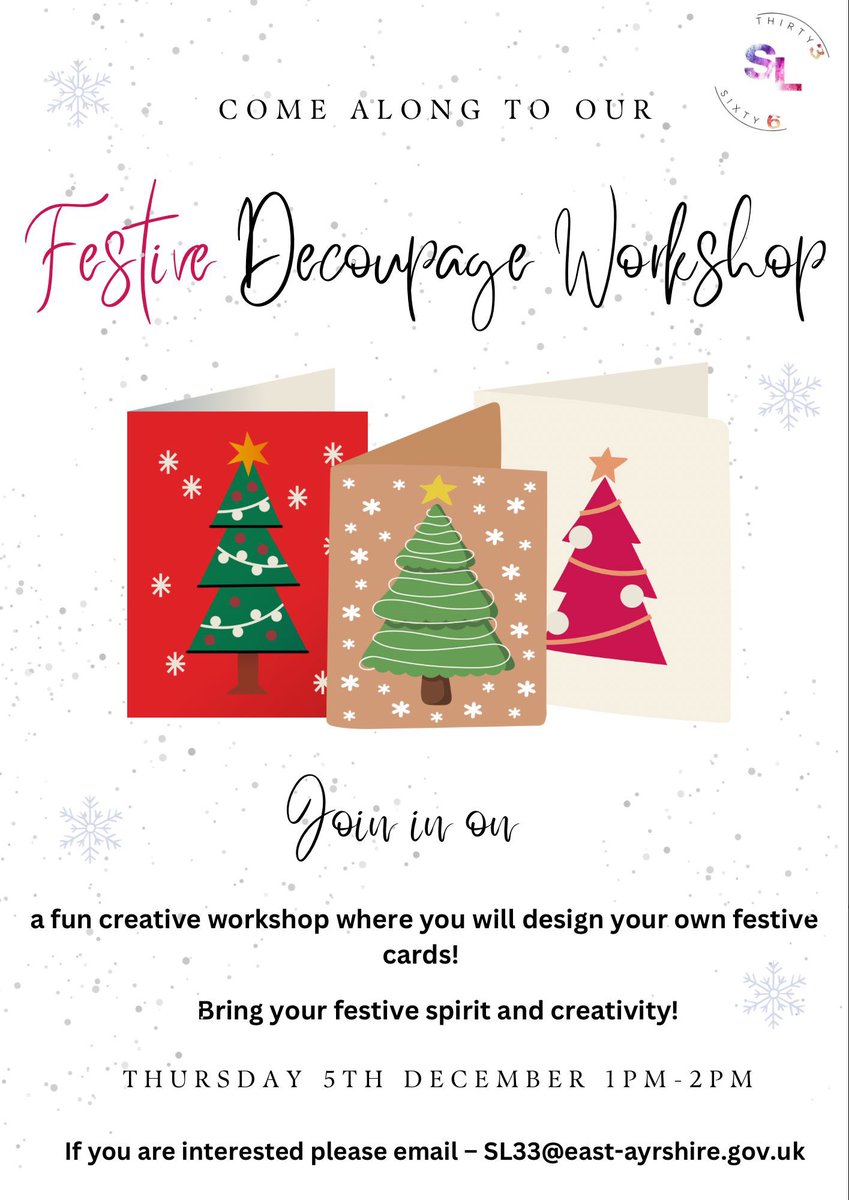 Next Thursday our SL Training Officer Danielle will be putting on a Festive Decoupage Workshop at SL33 🎄 Join us for a creative workshop to design your own festive cards ! 

Our workshops are free and open to all 😊