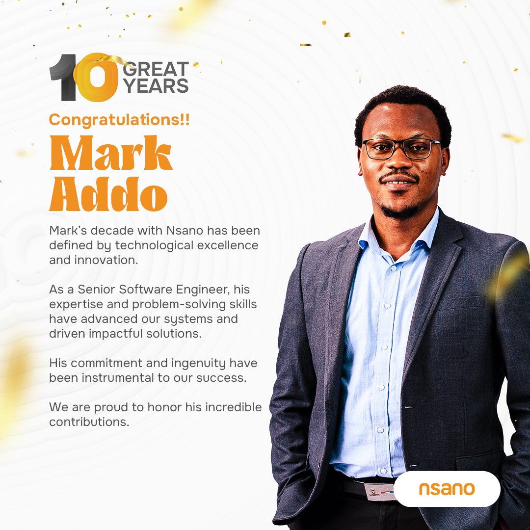 Celebrating a decade of dedication, innovation, and excellence! 🎉 

Join us in honoring our incredible team members for 10 remarkable years of shaping Nsano’s success and culture. 

Here's to their inspiring journeys and lasting impact! 🚀 

#Nsano10Years #TeamNsano
