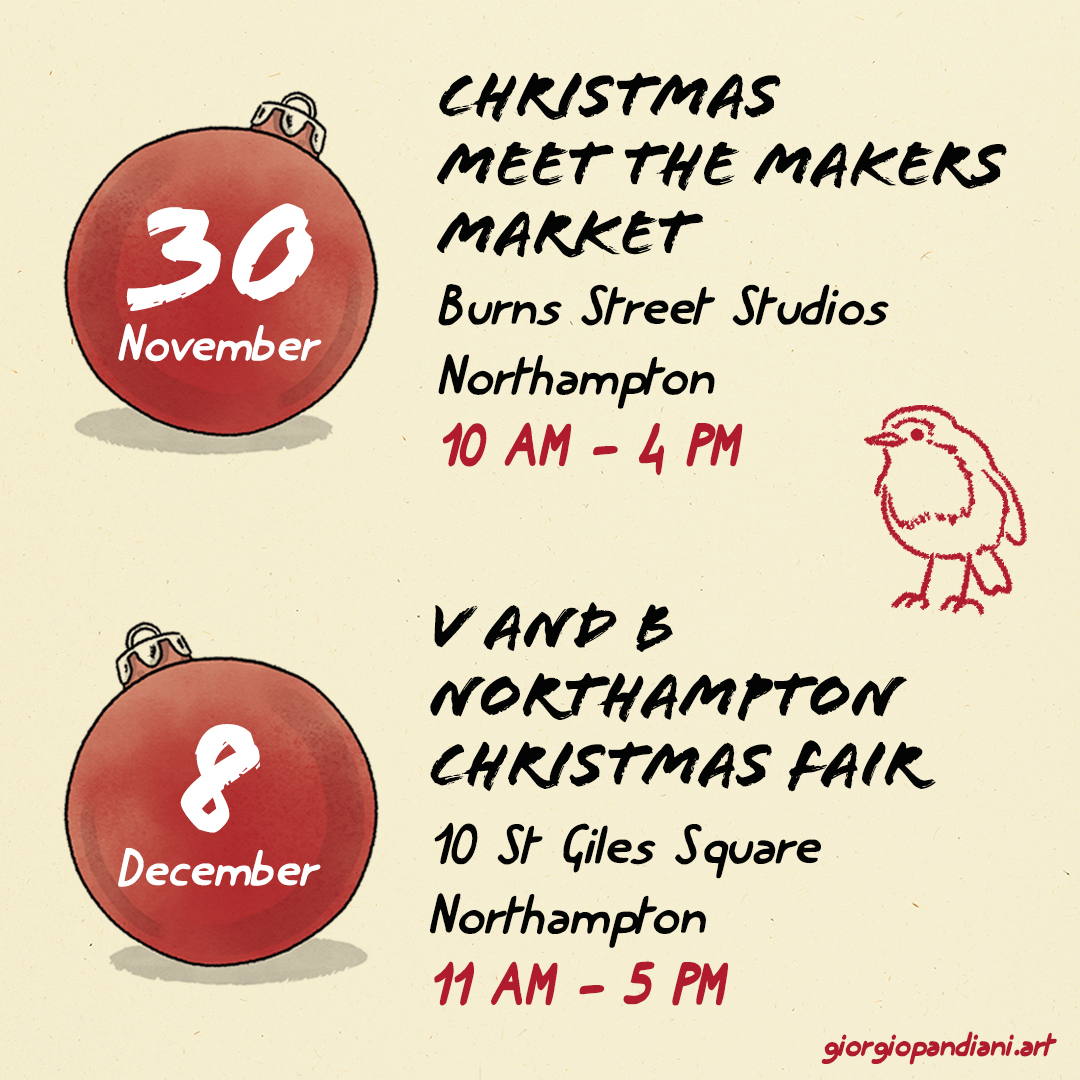 GiorgioPandiani's tweet photo. Would you like to browse my #comics (both MINI and normal size), see my art #prints and #Christmas cards up close... or just have a chat?

Come and visit my stall at one of these two wonderful winter fairs 🎅🎄 

#xmasfair #christmasfair #northampton #indiefriday #gifts #art https://t.co/HTPORXfoi1