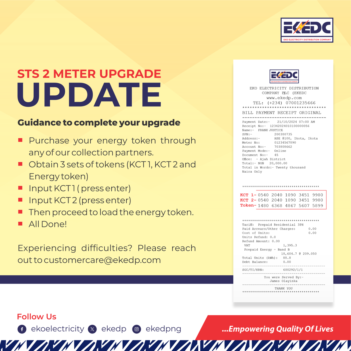 EKEDP's tweet photo. Yet to upgrade your meter to STS 2? Follow these procedures to complete your upgrade.
If you experience any difficulty, reach out to customercare@ekedp.com.
#STS2 #MeterUpgrade #EKEDC #EmpoweringQualityOfLives https://t.co/KuFPSJNoTo
