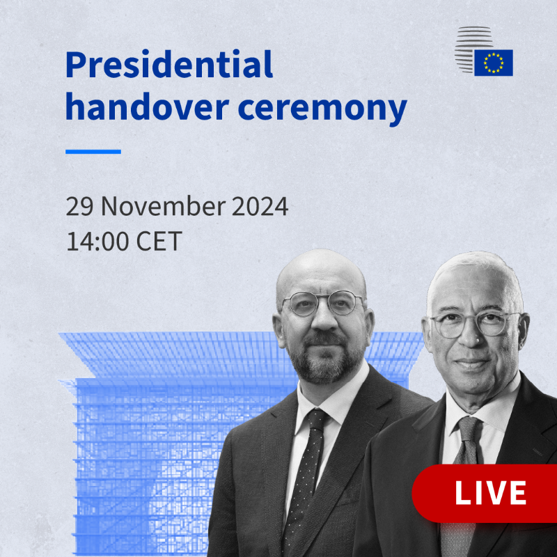 EUCouncil's tweet photo. 🔴 Follow live: Presidential handover ceremony.

@eucopresident Charles Michel passes the reins to @antoniolscosta.

➡️ https://t.co/SDNU0nfesr