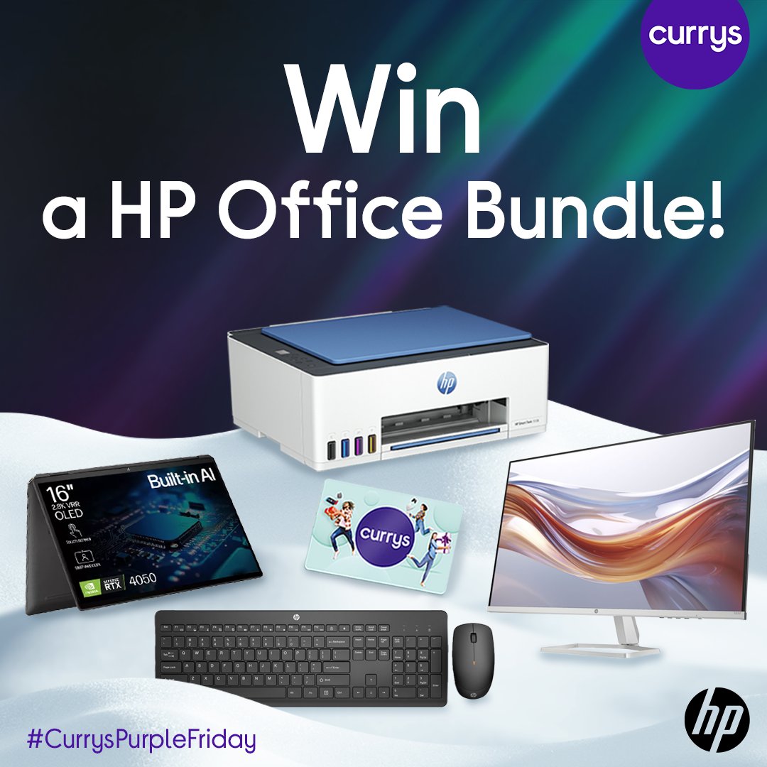 We're giving away epic bundles all day to celebrate #CurrysPurpleFriday 
🎉✨

Enhance your desk setup with this HP Office Bundle! 🖨️💼

To win, follow <a href="/currys/">Currys</a>, like this post and reply with your favourite hobby, using #CurrysPurpleFriday