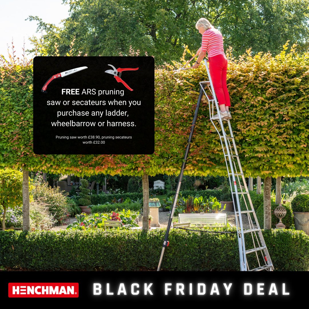 Our Black Friday offer starts today! ⭐ Get a free pruning saw or pruning secateurs when you purchase any ladder, wheelbarrow or harness. No code required just choose your free gift at checkout. eu1.hubs.ly/H0f2-JH0 #henchman #blackfriday