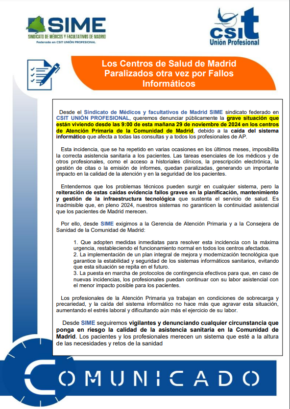 jmolerog's tweet photo. Son las 12 am, llevamos 3 horas con la imposibilidad de prestar atención en Atención primaria de Madrid. Ninguna comunicación de @SaludMadrid  a los profesionales, ni a los usuarios.  Comunicado de  @CSITUP @sime58106112 https://t.co/FgHY2bEZDv