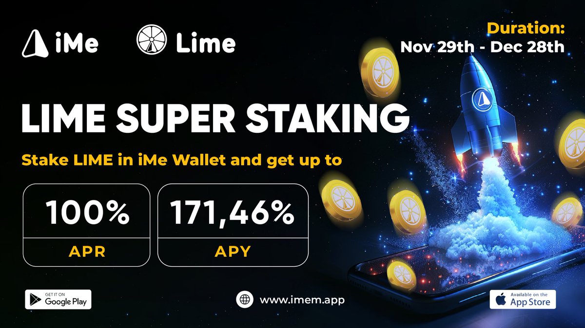 🚀New $LIME SUPER STAKING program available in iMe Wallet! 💸

🔹 100% APR / 171.46% APY 
🔹 Duration: 30 days, starting on November 29th 
🔹 Free withdrawal at the end of the period
🔹 Scheduled withdrawal by request within 10 days - 25%;
🔹 Immediate withdrawal - 50%.
🔹 Free