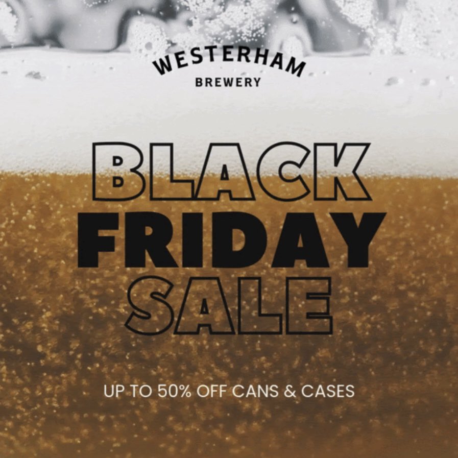 Make the most of our #BlackFriday Sale 🍺🖤 Stock up for Christmas, the weekend or just tonight! Get up to 50% OFF all cans &amp; cases when you buy online or in our shop. Don’t miss our brewtiful deals: westerhambrewery.co.uk/browse/sale

(Sale lasts until 12pm on 2 Dec. All cans gluten-free)