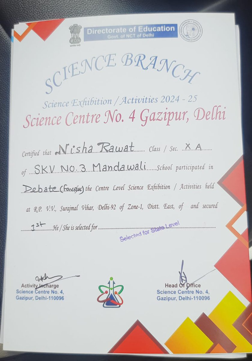 "There are no secrets to success. 
It is the result of preparation, hardwork &amp; learning from failure."
Congratulations 🎉 to Nisha Rawat of class X &amp; her Science teacher Ms. Anupama for bagging Ist position at Centre level in Science Debate competition &amp; selected for State level.