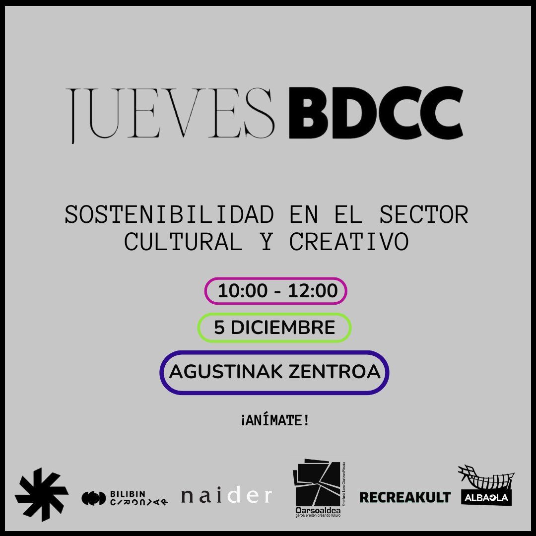 🌱𝐉𝐔𝐄𝐕𝐄𝐒 𝐁𝐃𝐂𝐂!

¿Te gustaría trabajar la sostenibilidad en tu sector cultural y creativo? Sostenibilidad en todo su sentido.