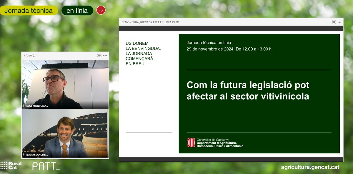 📍Comença la jornada online <a href="/ruralcat/">Ruralcat</a> sobre com la futura legislació pot afectar al sector vitivinícola amb Ignacio Sanchez del <a href="/wine_ceev/">CEEV</a>. Podeu seguir-la a través d'aquest enllaç ruralcat.adobeconnect.com/innovi/