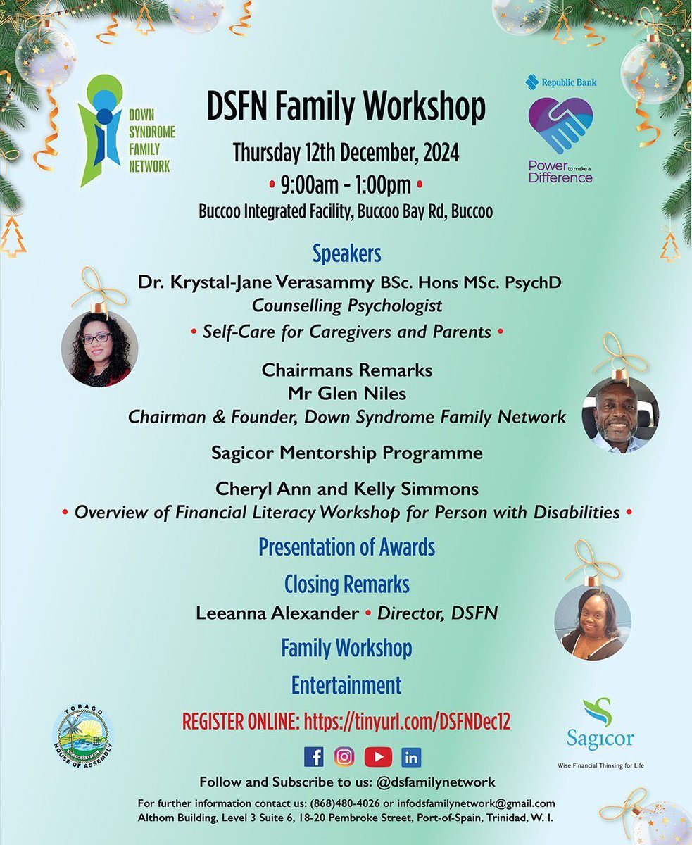 DSFN Tobago Family Workshop 2024!

Join us Dec 12th, 9am-1pm at Buccoo Integrated Facility!

Featuring:
• Self-Care w/ Dr. Verasammy
• Chairman's Vision
• Sagicor Mentorship
• Financial Literacy
• Awards &amp; Entertainment

Free Registration
tinyurl.com/DSFNDec12