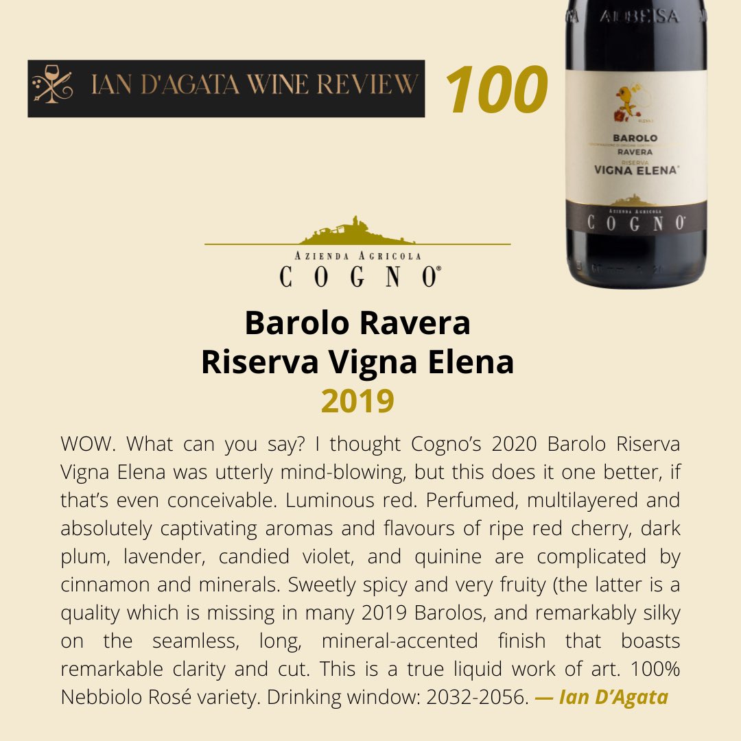 cognowines's tweet photo. What a wonderful surprise! Many thanks to Ian D'Agata for the beautiful scores and reviews. We are excited and proud to announce that our Barolo Ravera Riserva Vigna Elena 2019 received the extraordinary score of 100 points!
🔗https://t.co/5DEsFTxmV2
#cogno #cognowines https://t.co/uAZIfD87oW