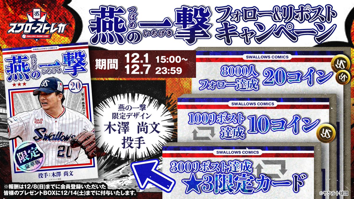 ／
燕の一撃 発売記念⚾️
フォロー&amp;リポストキャンペーン開始！
＼

#木澤尚文 投手の限定カードを含む特典をプレゼント！
協力して達成しよう💪

1️⃣<a href="/swallows_cards/">【公式】スワローズトレカ</a>をフォロー
2️⃣本投稿をリポスト
3️⃣ #スワローズトレカ に登録

▼会員登録（無料）はこちらから
swallows.orical.jp

#swallows