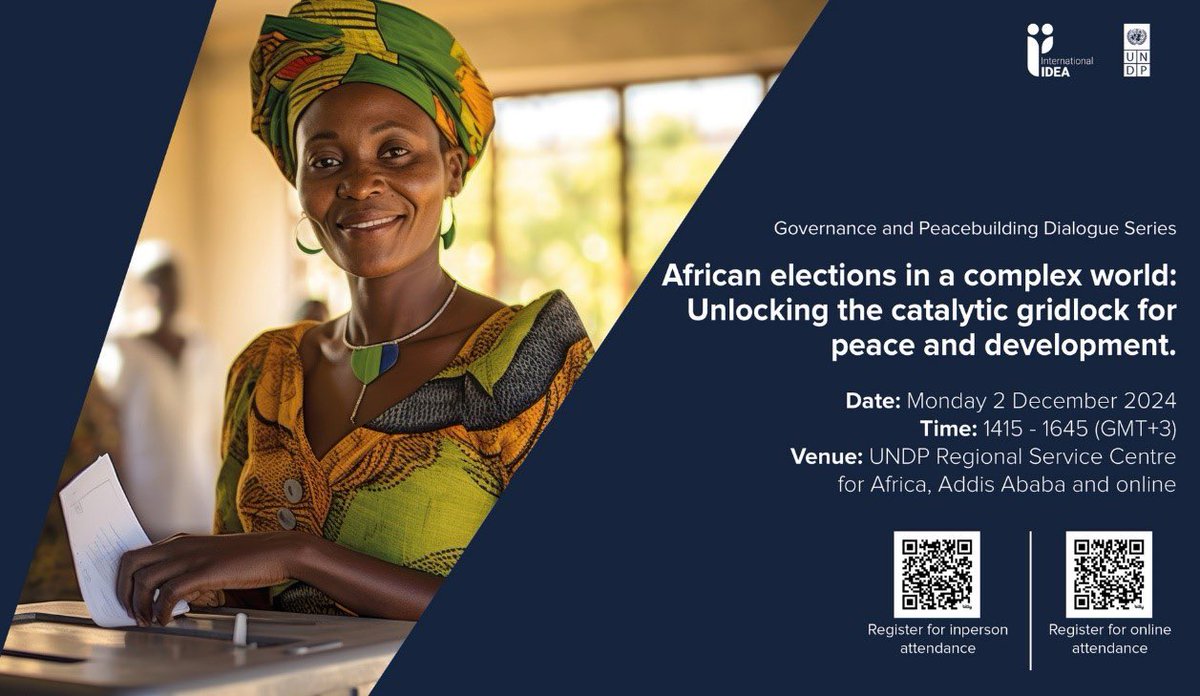 International IDEA Africa & West Asia (@idea_africa) on Twitter photo 3 days to go until the policy dialogue hosted by <a href="/UNDPAfrica/">UNDP Africa</a> and <a href="/Int_IDEA/">International IDEA</a>! join us for insightful discussions.
African Elections in a Complex World: Unlocking the Catalytic Gridlock for Peace and Development.
Register now: undp.zoom.us/meeting/regist⦠3 days to go until the policy dialogue hosted by <a href="/UNDPAfrica/">UNDP Africa</a> and <a href="/Int_IDEA/">International IDEA</a>! join us for insightful discussions.
African Elections in a Complex World: Unlocking the Catalytic Gridlock for Peace and Development.
Register now: undp.zoom.us/meeting/registā¦
