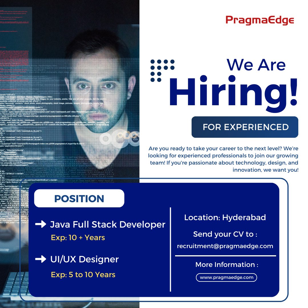 PragmaEdge's tweet image. Pragma Edge is hiring for 

✅ 𝐉𝐚𝐯𝐚 𝐅𝐮𝐥𝐥 𝐒𝐭𝐚𝐜𝐤 𝐃𝐞𝐯𝐞𝐥𝐨𝐩𝐞𝐫 (10+ Years)
✅ 𝐔𝐈/𝐔𝐗 𝐃𝐞𝐬𝐢𝐠𝐧𝐞𝐫 ( 5 to 10 Years)

𝐋𝐨𝐜𝐚𝐭𝐢𝐨𝐧: 𝐇𝐲𝐝𝐞𝐫𝐚𝐛𝐚𝐝

Send your cv to recruitment@pragmaedge.com 

#JavaFullStackDeveloper #FullStackDeveloper #UI/UX