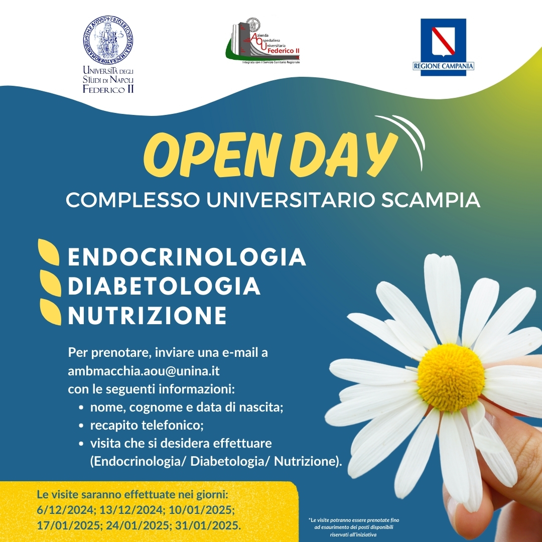 Open Day Complesso Universitario Scampia.
Visite gratuite: Cardiologia, Endocrinologia, Diabetologia, Nutrizione. Per accedere è necessaria la prenotazione, fino da esaurimento dei posti disponibili riservati all'iniziativa. 
Info: areacomunicazione.policlinico.unina.it/index.php/2024…