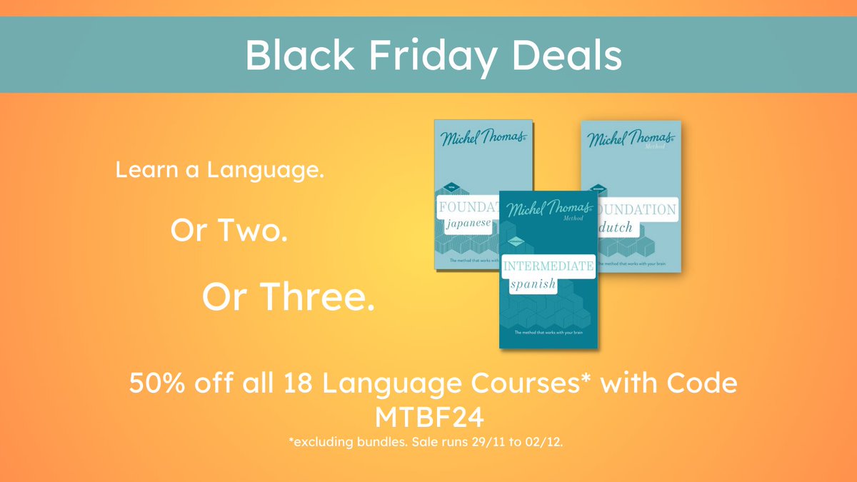 Black Friday is here! From now until Dec 2, enjoy 50% off all our Michel Thomas courses with code MTBF24. Curious about Korean, mastering Mandarin, or finessing your French? And now, for the first time, this sale is also available in our app! 
michelthomas.com