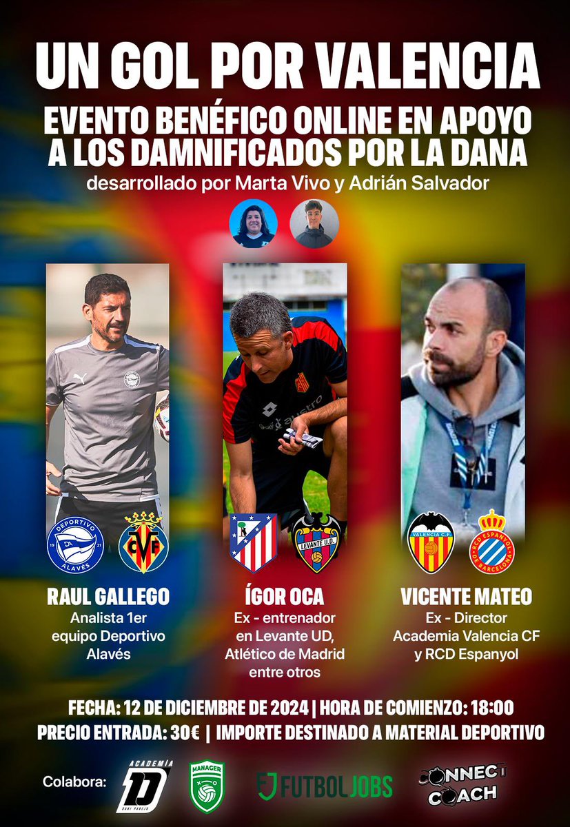 🚨PONENCIAS SOLIDARIAS DE FÚTBOL POR LA DANA EN VALÈNCIA 

📢 Ponentes de alto nivel: @IgorOcaPulido <a href="/raulgallego0810/">Raul Gallego</a> <a href="/luisvm1985/">Luis Vicente Mateo</a>

⭐️Sorteamos pizarra Connect Coach, para ello tenéis que hacer RT a este post y seguir a <a href="/Connectcoach23/">connect-coach</a> <a href="/Marta_Vivo/">Marta Vivo</a> y <a href="/adrianscoach/">Adrián | Entrenador de fútbol</a>
 
ℹ️ Toda la