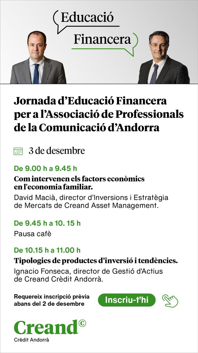 Aquests dimarts, jornada d'educació financera per a professionals de la comunicació.
Inscripció gratuïta a: bit.ly/3Zes06u
#EducacióFinancera