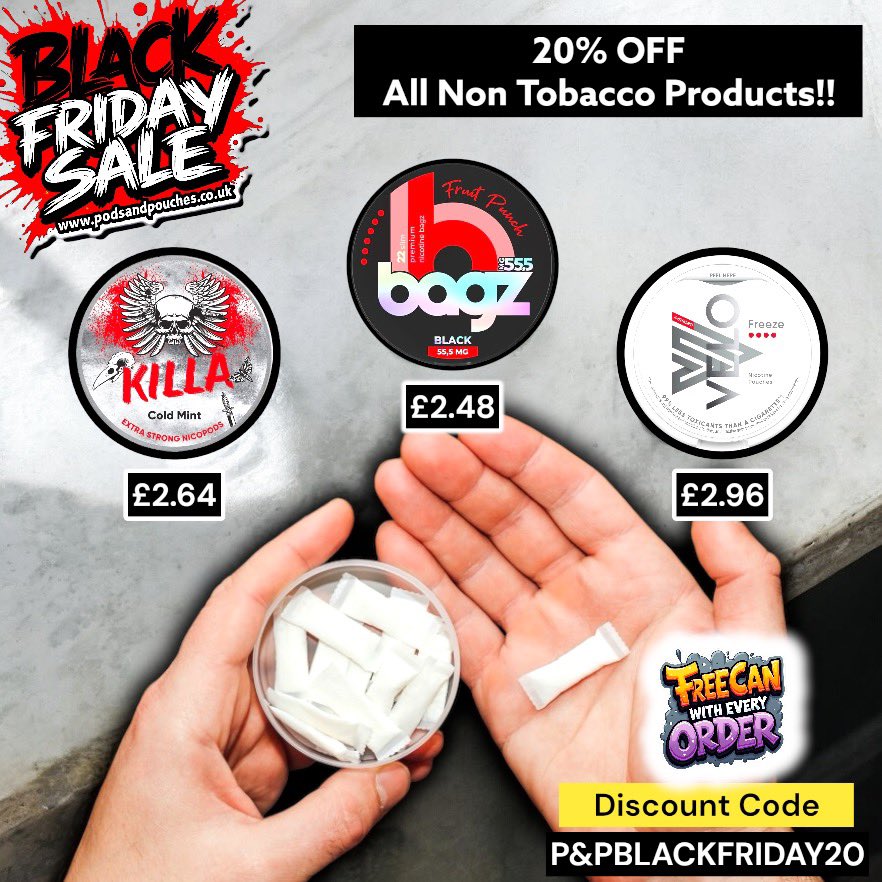 20% OFF TILL MIDNIGHT! 
Free Can with Every ORDER!! 👀 
Use Discount Code - P&amp;PBLACKFRIDAY20
podsandpouches.co.uk