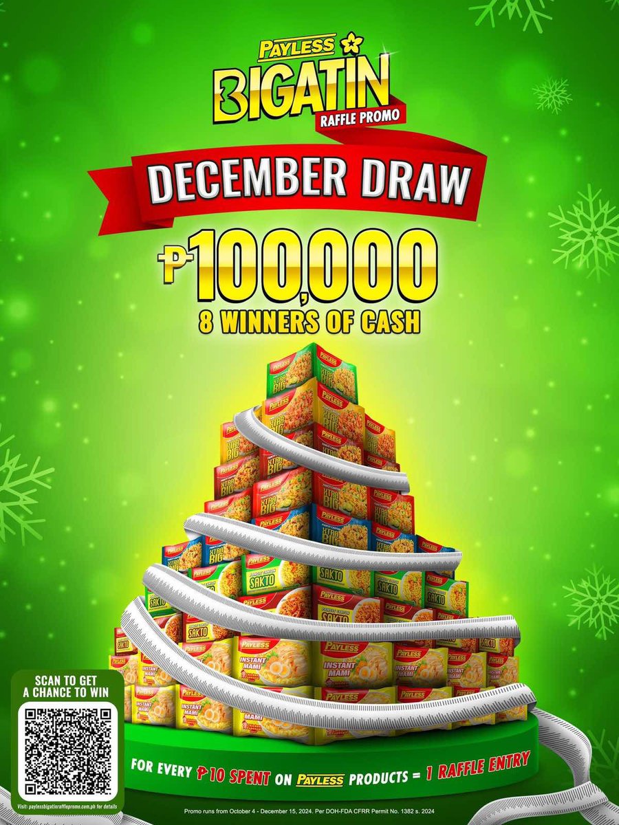 Hohoho! Try your luck this Holiday Season by joining the Payless BIGATIN Raffle Promo. 

Follow these easy steps to get a chance to win amazing prizes

#PaylessBigatinRafflePromo
#100KCashPrice
#PaylessInstantNoodles