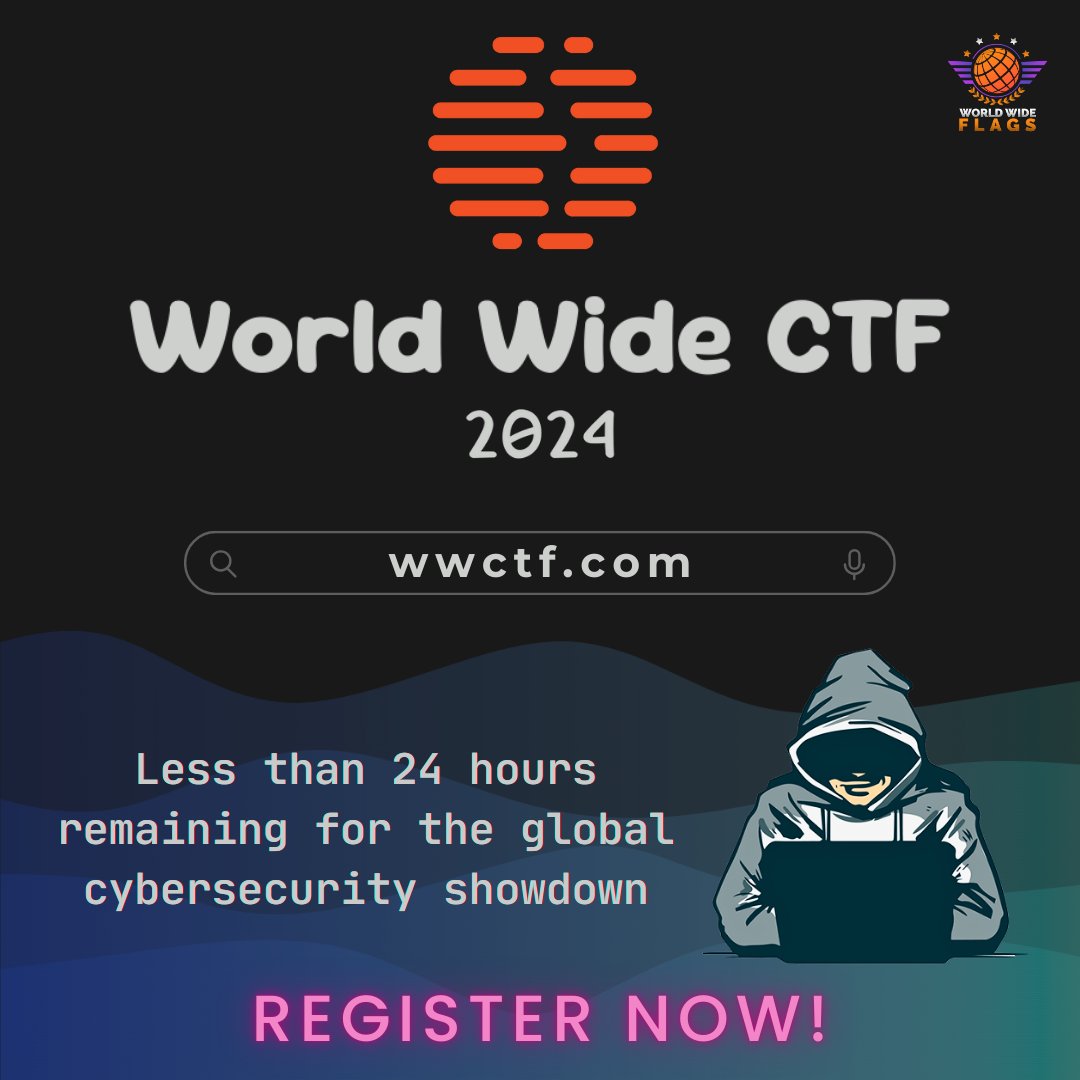 Less than 24 hours remaining! - World Wide CTF 2024🌍 

Where the world's best hackers gather to compete in a battle of skill, strategy, and speed. 💻⚡️

Register now: wwctf.com

#ctf #wwctf2024 #CyberSec