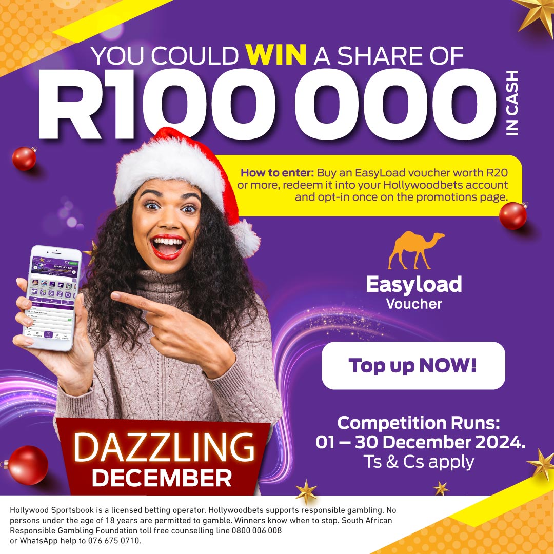 Hollywoodbets's tweet image. Stand a chance to win a share of R100 000 in cash when you buy an EasyLoad voucher worth R20 or more and redeem it into your Hollywoodbets account!🤩

Opt-in on the promotions page to enter and you could secure fabulous fortunes!

Comp runs: 01 – 30 Dec 2024.

#HWBTWT #Easyload