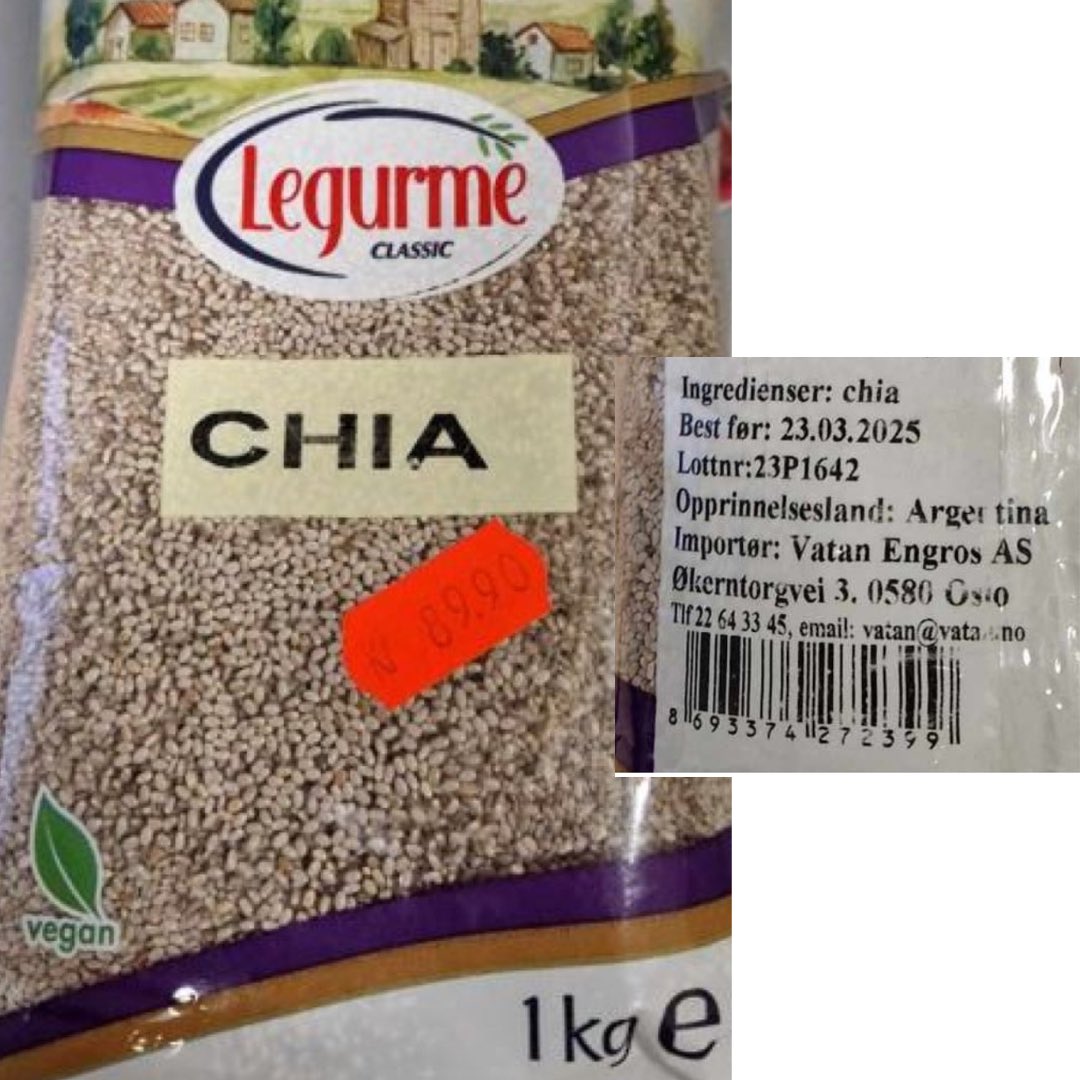 ⚠️ Vatan Engros AS trekker tilbake "Legurme" hvite chiafrø fra Argentina på grunn av plantevernmiddel over grenseverdi.
🔗 Les mer her: mattilsynet.no/tilbaketrekkin…