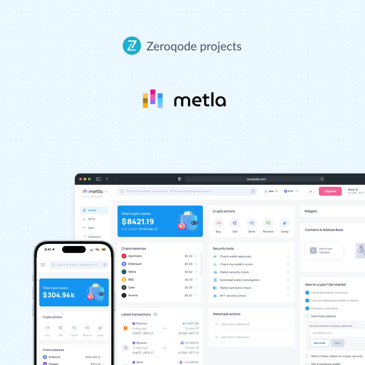 We're happy to introduce you one more product built by Zeroqode 🙌

Metla is an all-in-one crypto frontend for managing coins, NFTs, DeFi activity, and much more - all in one place!

Want us to build a no-code app for you? You are one click away 👉 zeroqo.de/S24UG