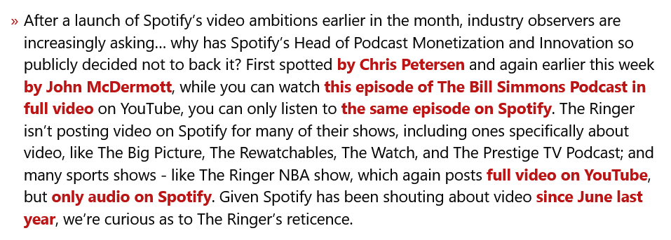 Maybe (hopefully) it's because we like our audio platforms to be audio platforms, and video platforms to be for video?🤞