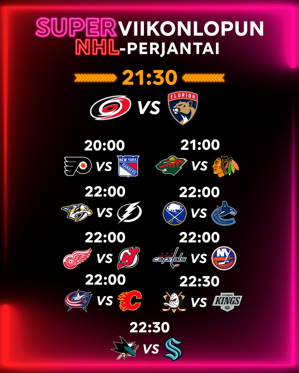 JÄTTIMÄINEN NHL-PÄIVÄ JA STUDIO KELLO 21:30 ALKAEN! 🔥

Studiopelinä Carolinan ja Floridan välinen kamppailu ja eiköhän tuosta listasta kello 20:00 alkaen löydy jokaiselle jotain.

#NHLfi