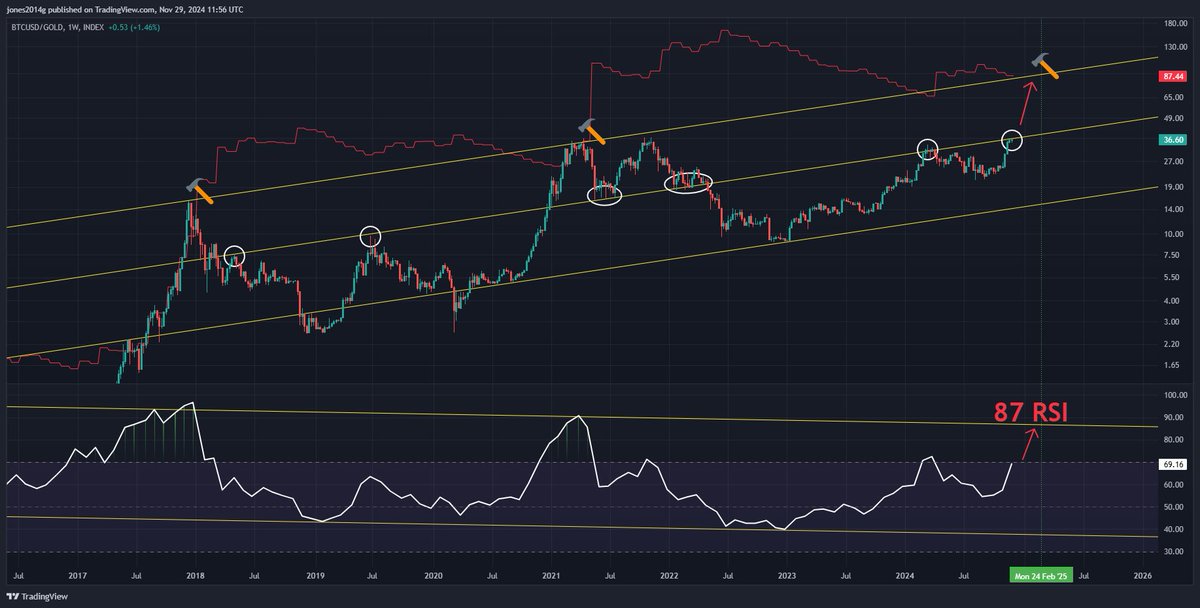 Bitcoin / Gold ratio pausing at a familiar area (see white circles). 
Monthly RSI target is 87, giving a price target of $232k for bitcoin (assuming gold stays unchanged in that time).