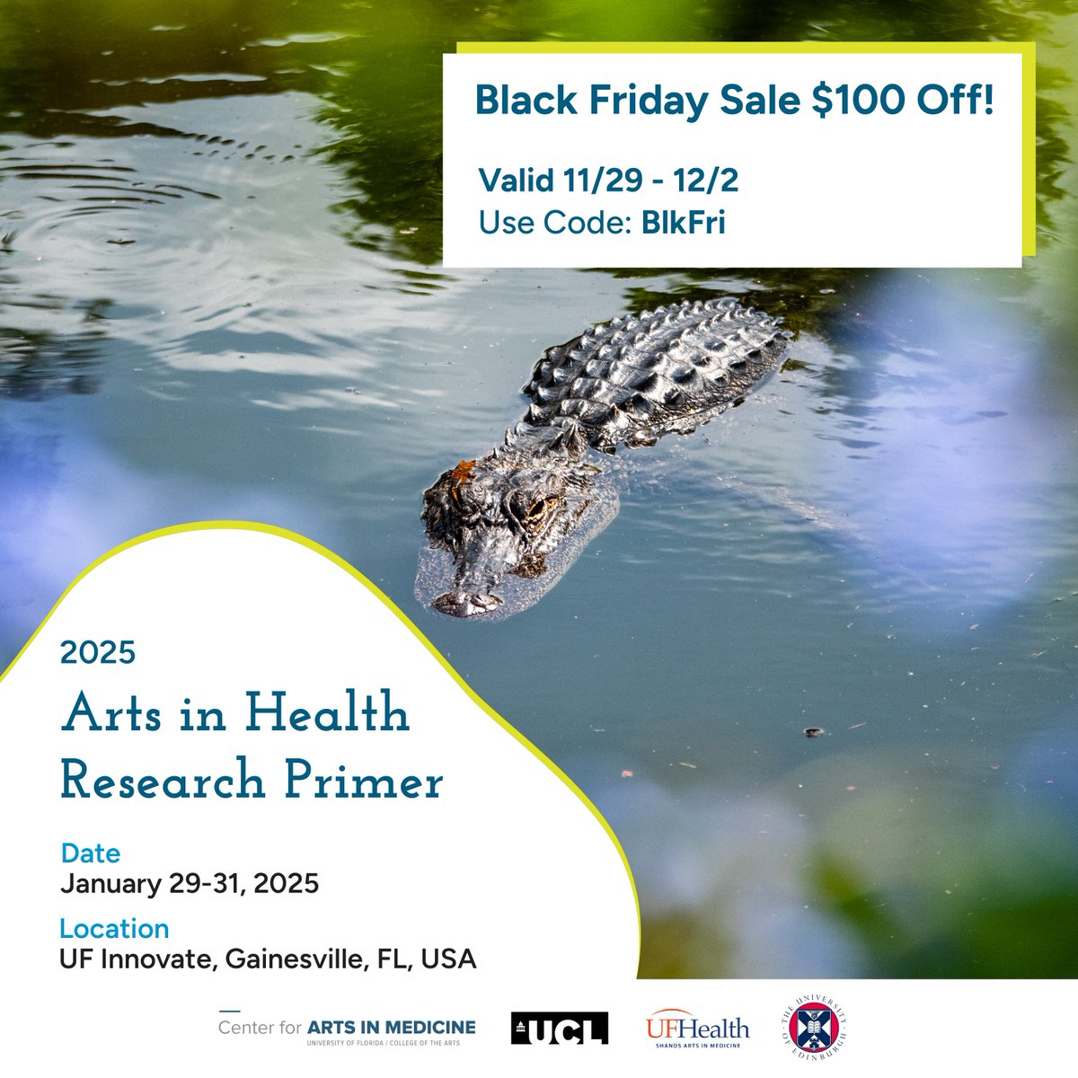 UF Center for Arts in Medicine (@ufcam) on Twitter photo Black Friday Deal! Save $100 on the Arts in Health Research Primer at UF! Build your arts in health research identity & community.
📅 Event: Jan 29-31, 2025
💸 Code: BlkFri (Sale: 11/29-12/2)
💬 Scholarships available!
🔗 ow.ly/G8Bw50UgR45
<a href="/UCL_SBB/">Social Biobehavioural Research Group</a> <a href="/UFCOTA/">UF College of the Arts</a> <a href="/EdinburghUni/">The University of Edinburgh</a> Black Friday Deal! Save $100 on the Arts in Health Research Primer at UF! Build your arts in health research identity & community.
📅 Event: Jan 29-31, 2025
💸 Code: BlkFri (Sale: 11/29-12/2)
💬 Scholarships available!
🔗 ow.ly/G8Bw50UgR45
<a href="/UCL_SBB/">Social Biobehavioural Research Group</a> <a href="/UFCOTA/">UF College of the Arts</a> <a href="/EdinburghUni/">The University of Edinburgh</a>