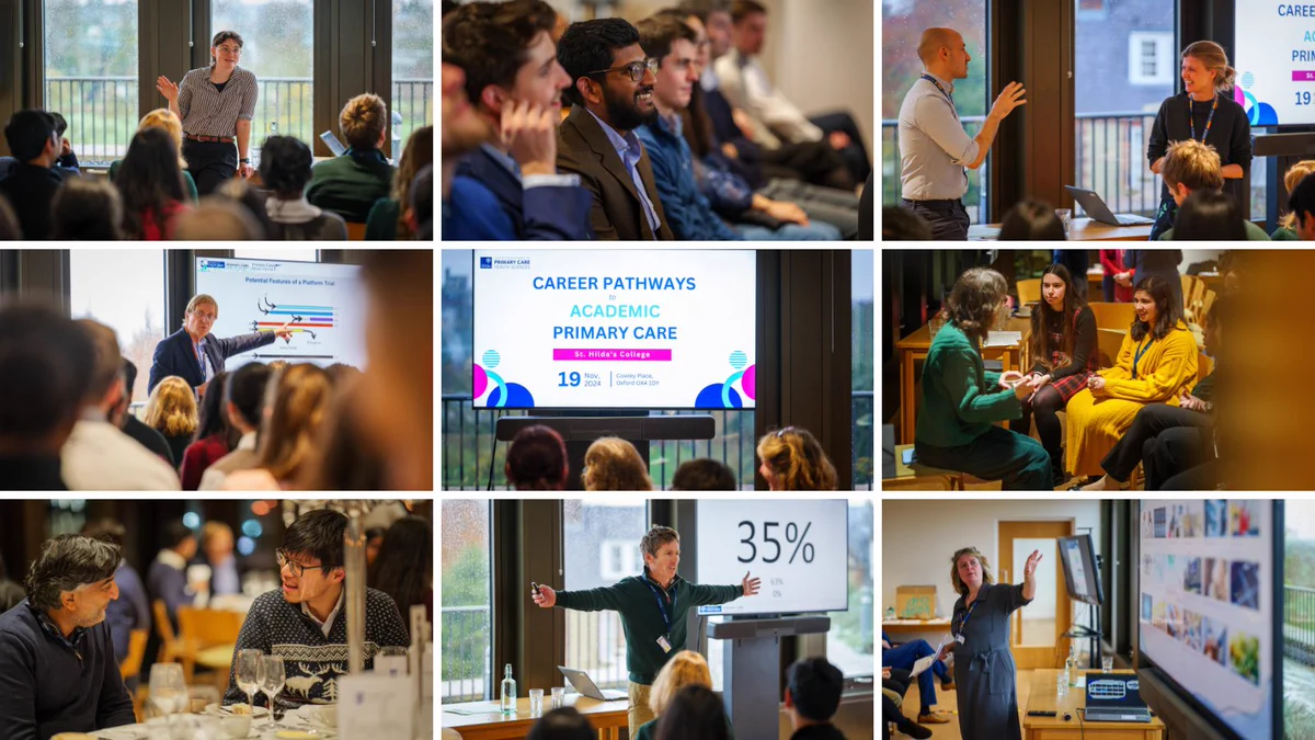A collage of nine images from the Undergraduate Career Pathways to Academic Primary Care event held at St Hilda’s College on 19 November 2024. Top row: A speaker addressing an audience in a bright room, attendees listening attentively, and two individuals engaged in discussion near a presentation screen. Middle row: A speaker pointing to a graph during a presentation, a title slide reading 'Career Pathways to Academic Primary Care, St Hilda's College, 19 Nov. 2024,' and a small group in discussion with one participant wearing a bright yellow dress. Bottom row: Two attendees conversing during a dinner event, a presenter gesturing to a statistic '35%' on a screen, and another presenter pointing at a slide on a large screen.