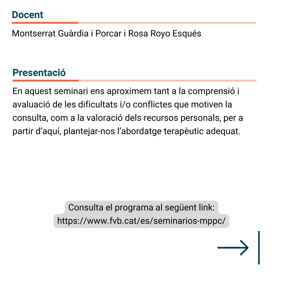IUSalutMentalVB's tweet photo. 🆕EL PROCÉS PSICOTERAPÈUTIC. PRIMERA ENTREVISTA, PROCÉS DIAGN��STIC, FORMULACIÓ DEL CAS I TRACTAMENT

🗣 A càrrec de Montserrat Guàrdia i Rosa Royo

📆 Del 3 de desembre al 18 de febrer

🕣 19.30h a 21.30h

💵 420 €

📝docencia@fvb.cat

ℹ  https://t.co/IwA4gXisK4 https://t.co/OpgoYQlny1
