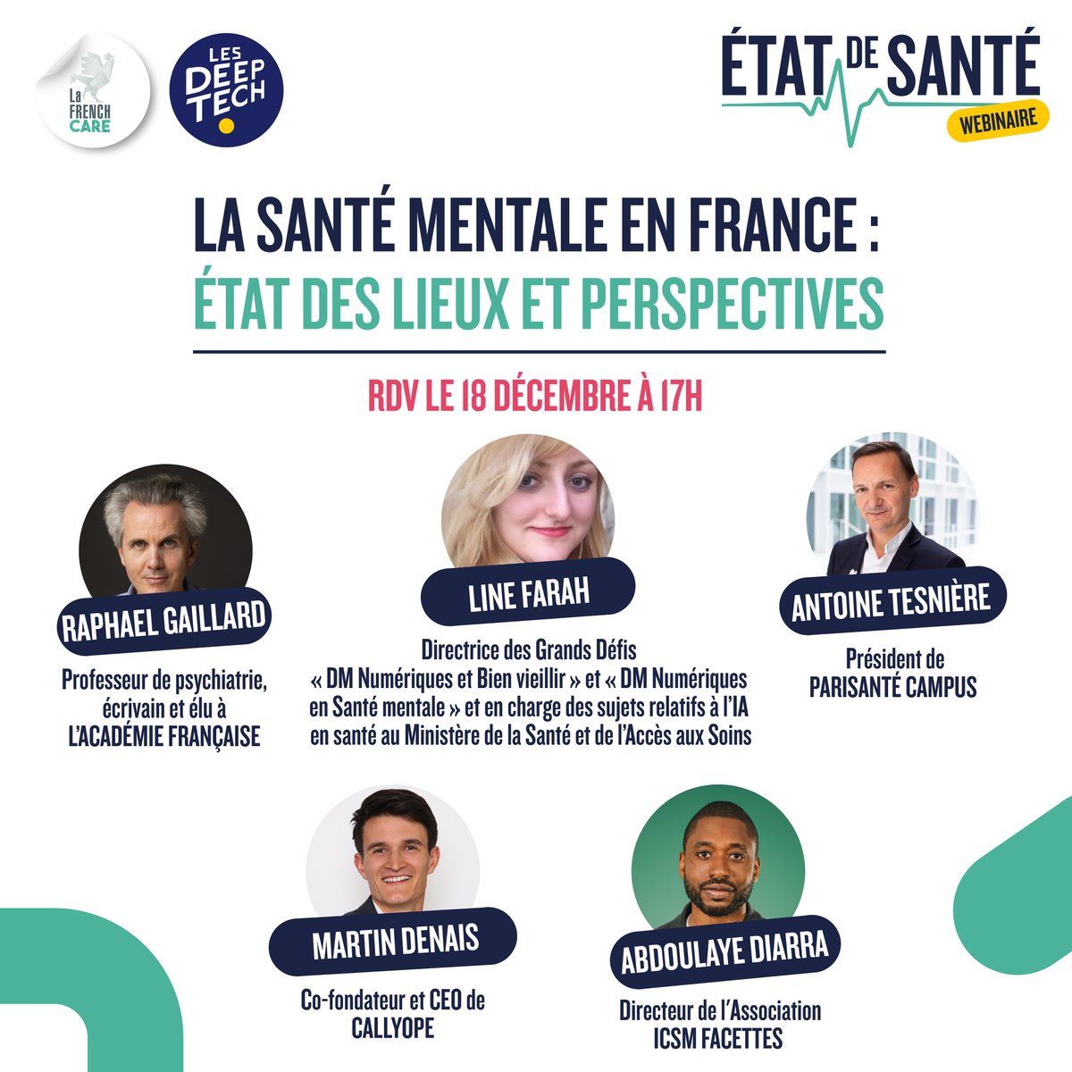 lafrenchcare's tweet image. Participez à notre #webinaire exclusif sur la santé mentale en compagnie de 5 experts sur le domaine !
👉 Ne manquez pas cette 3ᵉ édition du webinaire #LaFrenchCare "état de santé" le 18 décembre à 17h, en direct, sur la thématique de la #santémentale : spkl.io/6011fX4hc
