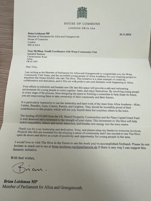 Wasp Community Club (@waspcfc) on Twitter photo A big thank you to <a href="/BrianLeishmanMP/">Brian Leishman</a> for reaching out to us and recognising the work of our staff and young people.
Work is progressing everyday and we cannot wait to get the space open.
<a href="/AlloaAcademy/">Alloa Academy</a> <a href="/SPFLTrust/">SPFL Trust</a> <a href="/MissSherry14/">Miss Sherry</a> A big thank you to <a href="/BrianLeishmanMP/">Brian Leishman</a> for reaching out to us and recognising the work of our staff and young people.
Work is progressing everyday and we cannot wait to get the space open.
<a href="/AlloaAcademy/">Alloa Academy</a> <a href="/SPFLTrust/">SPFL Trust</a> <a href="/MissSherry14/">Miss Sherry</a>