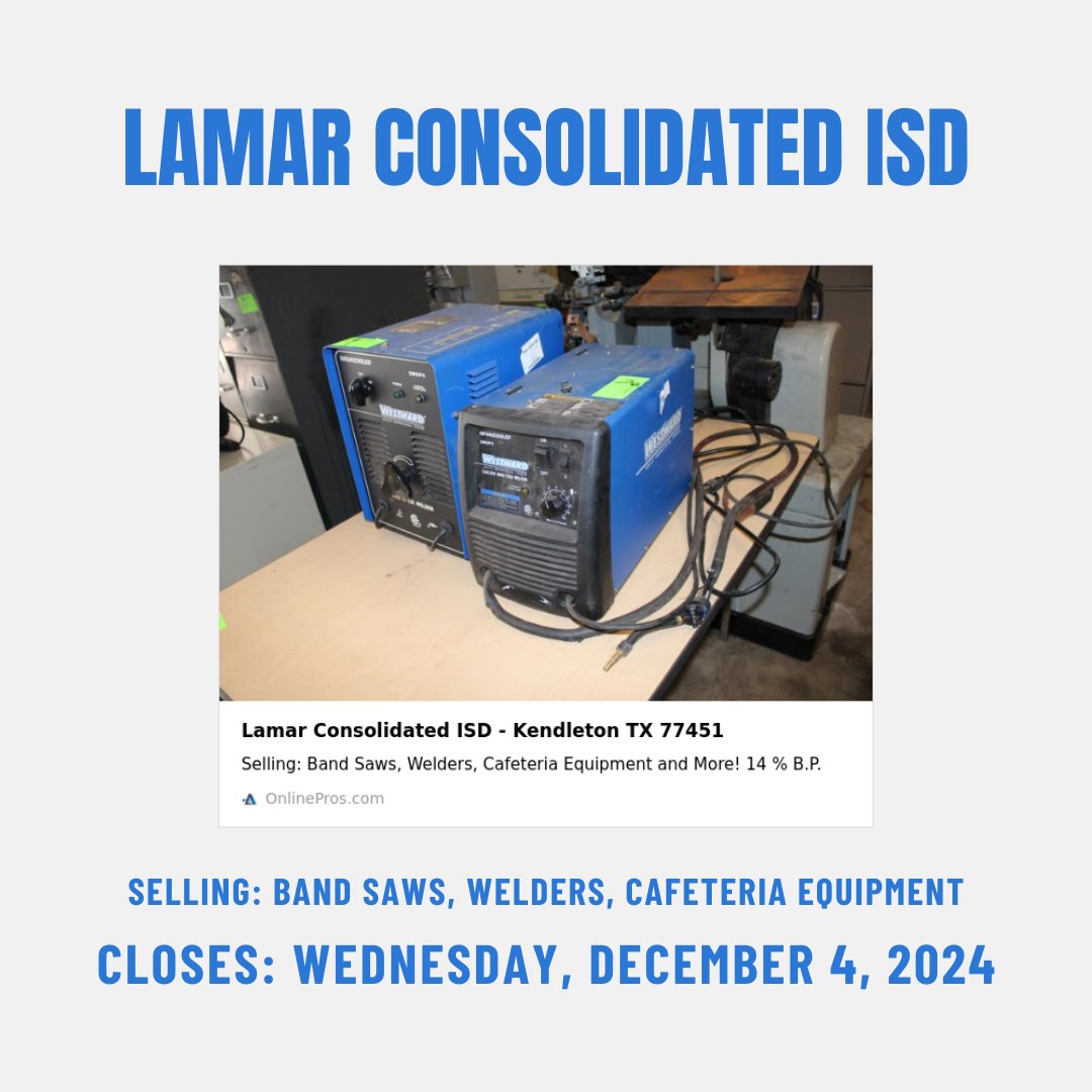 auctionpros's tweet photo. Looking to start your own welding business? Lamar Consolidated ISD has a few welders up for auction. Take a peek 👀

👉 https://t.co/i0NUlB03LE https://t.co/6bRACpTDo7