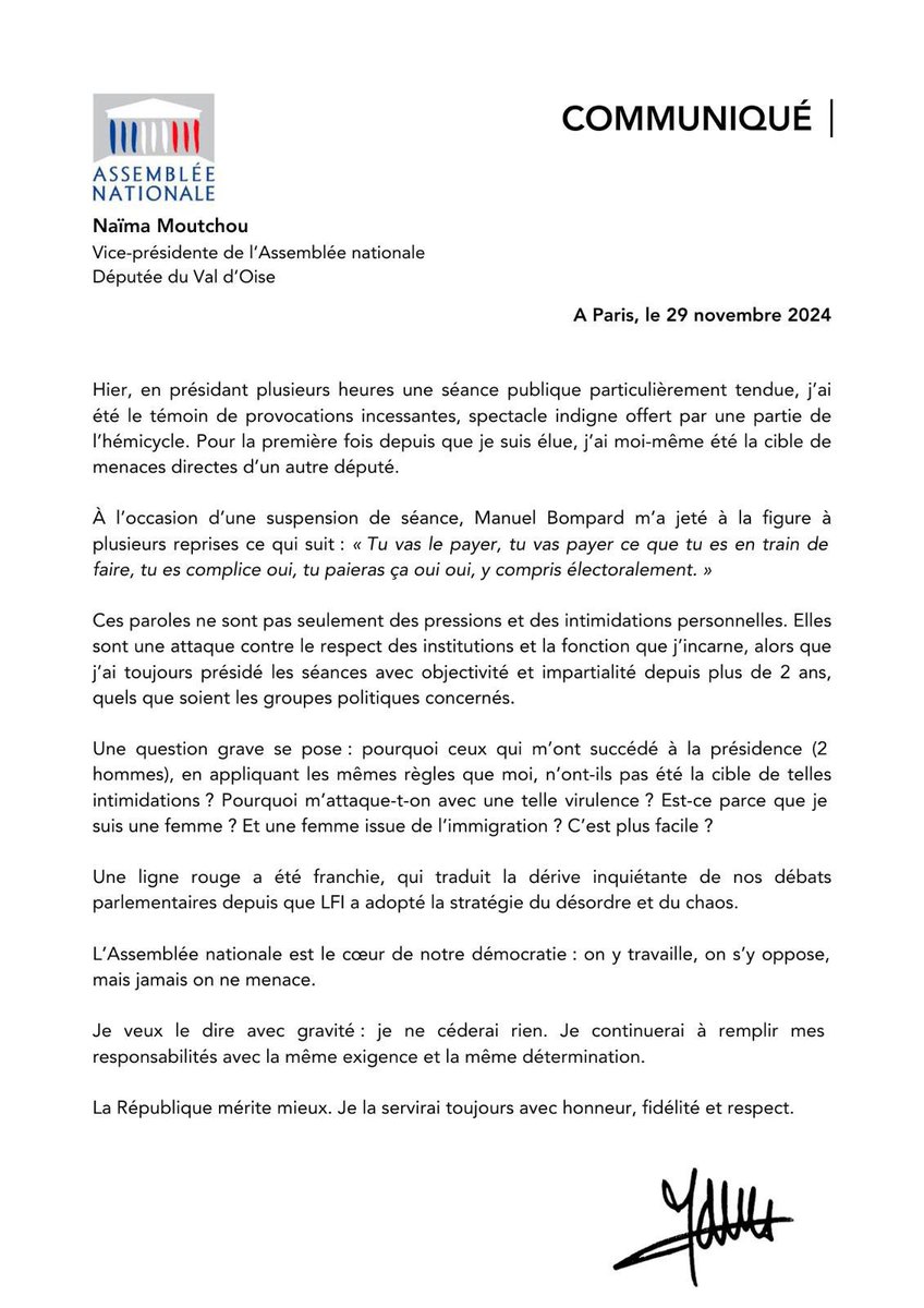 La haine s’immisce dans notre Assemblée depuis 2022 et ne cesse de s’intensifier. Ce qu’il s’est passé hier est inadmissible. 

Pour que le débat démocratique puisse continuer de vivre, il est indispensable de sanctionner ces comportements.

Tout mon soutien chère <a href="/NaimaMoutchou/">Naïma Moutchou</a>
