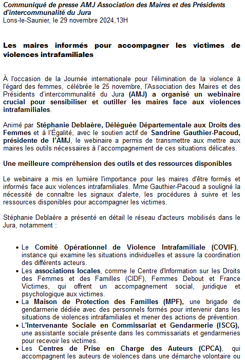 CP AMJ : Les maires informés pour accompagner les victimes des violences intrafamiliales.
Un webinaire utile animé par Stéphanie Deblaère Déléguée départementale aux Droids tes femmes <a href="/Prefet39/">Préfet du Jura</a> et <a href="/GauthierPacoud/">Sandrine GAUTHIER-PACOUD</a> Présidente.
N° d’urgences :  3919, SMS : 114, Police secours : 17