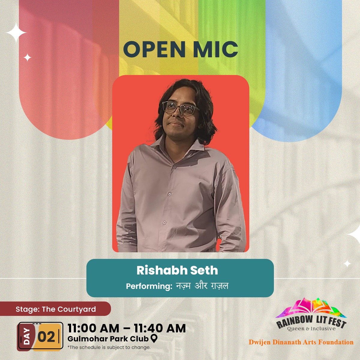 Get ready as 6 queer poets take up the stage at #Day 2 of #RainbowLitFest to share their unique voices, #visions, and expressions of #queerness through #poetry in both Hindi and English.

SCAN PINNED POST AND BOOK YOUR TICKETS NOW. 
#RLF2024 #RainbowLitFest2024