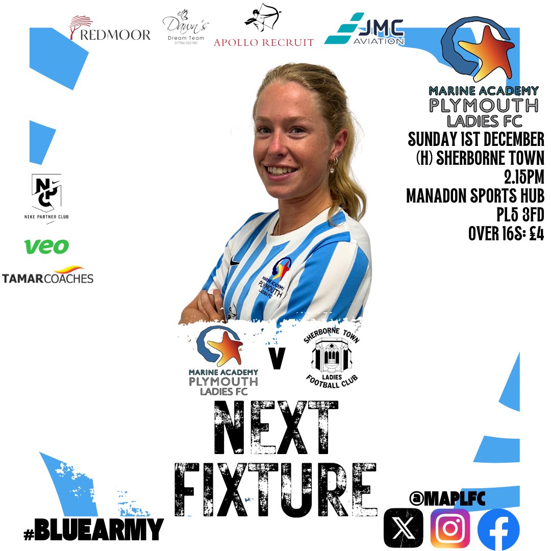 MAPLFC (@maplfc) on Twitter photo ๐ก๐๐ซ๐ง ๐๐๐ซ๐ง๐จ๐ฅ๐
This Sunday we welcome Sherborne Town to Manadon
๐ <a href="/SherborneLFC/">Sherborne Town Ladies FC</a>
โ๏ธ 2.15pm ko
๐ <a href="/ManadonSportHub/">Manadon Sports & Community Hub</a>
๐ PL5 3FD
โ No ๐ถ allowed
๐๏ธ Over 16s: ยฃ4
Come & show your support in our last home fixture of 2024๐ฉต
#BlueArmy #WomensFootball ๐ก๐๐ซ๐ง ๐๐๐ซ๐ง๐จ๐ฅ๐
This Sunday we welcome Sherborne Town to Manadon
๐ <a href="/SherborneLFC/">Sherborne Town Ladies FC</a>
โ๏ธ 2.15pm ko
๐ <a href="/ManadonSportHub/">Manadon Sports & Community Hub</a>
๐ PL5 3FD
โ No ๐ถ allowed
๐๏ธ Over 16s: ยฃ4
Come & show your support in our last home fixture of 2024๐ฉต
#BlueArmy #WomensFootball
