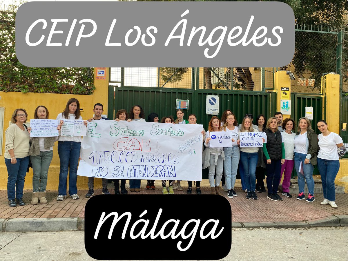 El profesorado del CEIP Los Ángeles de Málaga se concentra en la puerta del centro educativo, está mañana , para protestar por la posible desaparición de MUFACE.
<a href="/opiniondemalaga/">La Opinión de Málaga</a> <a href="/DiarioSUR/">SUR. El periódico de Málaga</a> <a href="/malagahoy_es/">Málaga Hoy</a> <a href="/CanalMalagaRTV/">Canal Málaga RTV</a>
<a href="/101tvMalaga/">101TV Málaga</a> 
<a href="/canalsur/">CanalSur</a> 
<a href="/elpais_espana/">EL PAÍS España</a> 
<a href="/CSIFenseA/">CSIF Educación Andalucía</a>