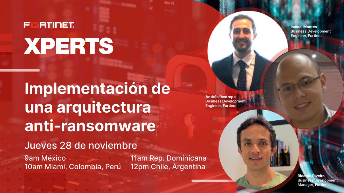 daniloavl's tweet photo. Únete a este Fortinet Xperts, donde mostraremos cómo implementar una arquitectura anti-ransomware efectiva, con una demostración práctica que lo preparará para enfrentar las amenazas actuales.

🗓 Jueves 28 de noviembre | 10am Miami

Regístrate: https://t.co/aOSr6W6JRi https://t.co/YKH39TeREE
