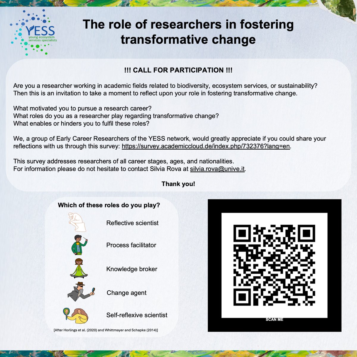 Roman Isaac @romanisaac.bsky.social (@ro_manisaac) on Twitter photo !!! CALL FOR PARTICIPATION !!! Are you a researcher working on biodiversity, ecosystem services, or sustainability?  We, a group of ECRs of <a href="/YESS_Network/">YESS</a>, would greatly appreciate if you would participate in our survey on your roles: survey.academiccloud.de/index.php/73....   Thank you! !!! CALL FOR PARTICIPATION !!! Are you a researcher working on biodiversity, ecosystem services, or sustainability?  We, a group of ECRs of <a href="/YESS_Network/">YESS</a>, would greatly appreciate if you would participate in our survey on your roles: survey.academiccloud.de/index.php/73....   Thank you!