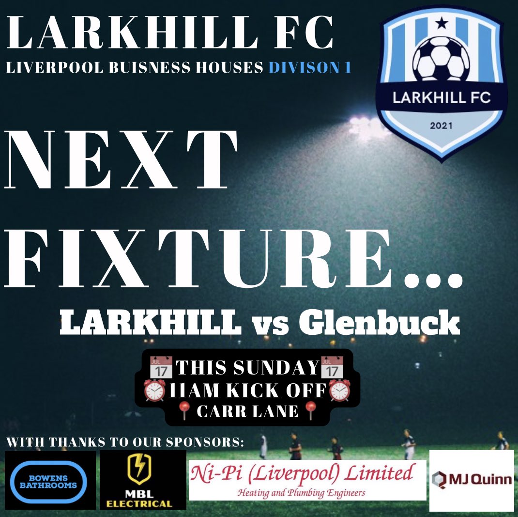 NEXT FIXTURE:

Back at Carr lane this weekend against Glenbuck, always a battle this one. Fingers crossed the game goes ahead. 

With thanks to our sponsors: