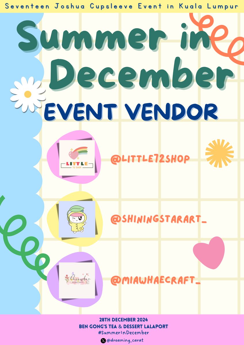 dreaming_carat's tweet photo. ꣑ৎ˙⋆𝓢𝓾𝓶𝓶𝓮𝓻 𝓘𝓷 𝓓𝓮𝓬𝓮𝓶𝓫𝓮𝓻 ۫꣑ৎ˙⋆

Caratdeul, come and say hi to our collaboration vendors! Follow n check them out to know more about their selling items on d-day~ ◠‿◠

@little72shop 
@ShiningstarArt_ 
@miawhaecraft_ 

#SummerInDecember https://t.co/SlyxyomHjT