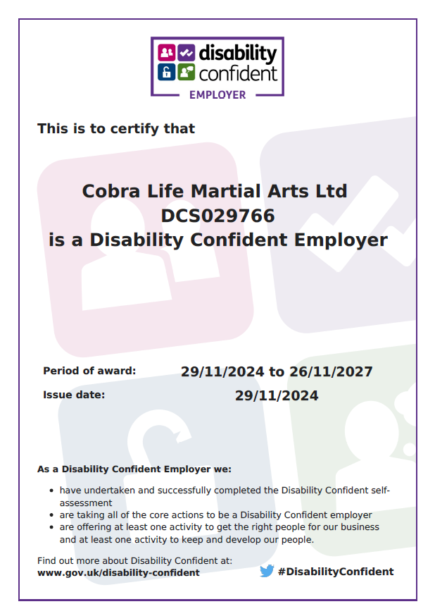 We’re proud to announce that Cobra Life Family Martial Arts is now a #DisabilityConfident Employer (Level 2)! 🌟 Committed to inclusion, accessibility, &amp; empowering everyone to reach their potential. Let’s continue building a brighter, more inclusive future! 💪 #InclusionMatters
