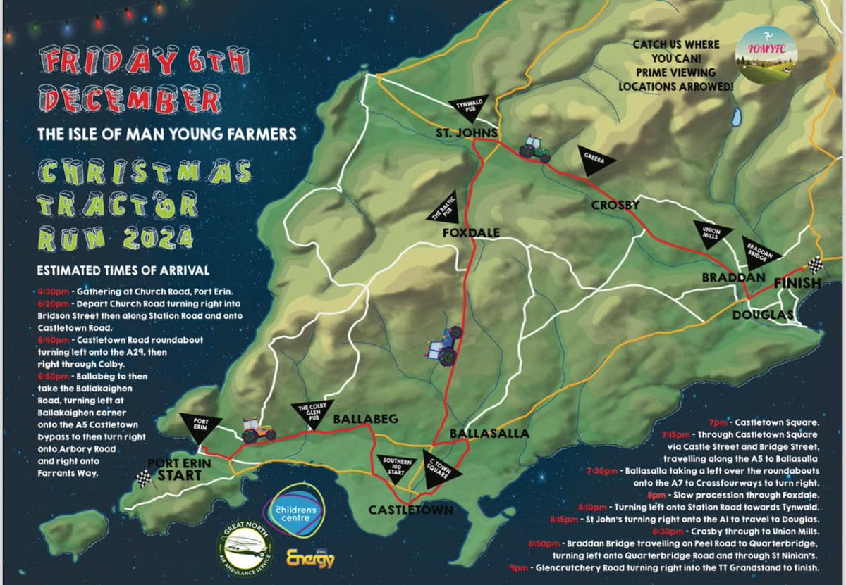 We love the annual #tractorrun and this year the map is a little different. On Friday 6th Dec the wonderfully decorated tractors will be #ChurchRoad from 4.30pm, then setting off at 6.20pm onto #BridsonStreet and out of the village along #StationRoad. #porterin #iomyoungfarmers
