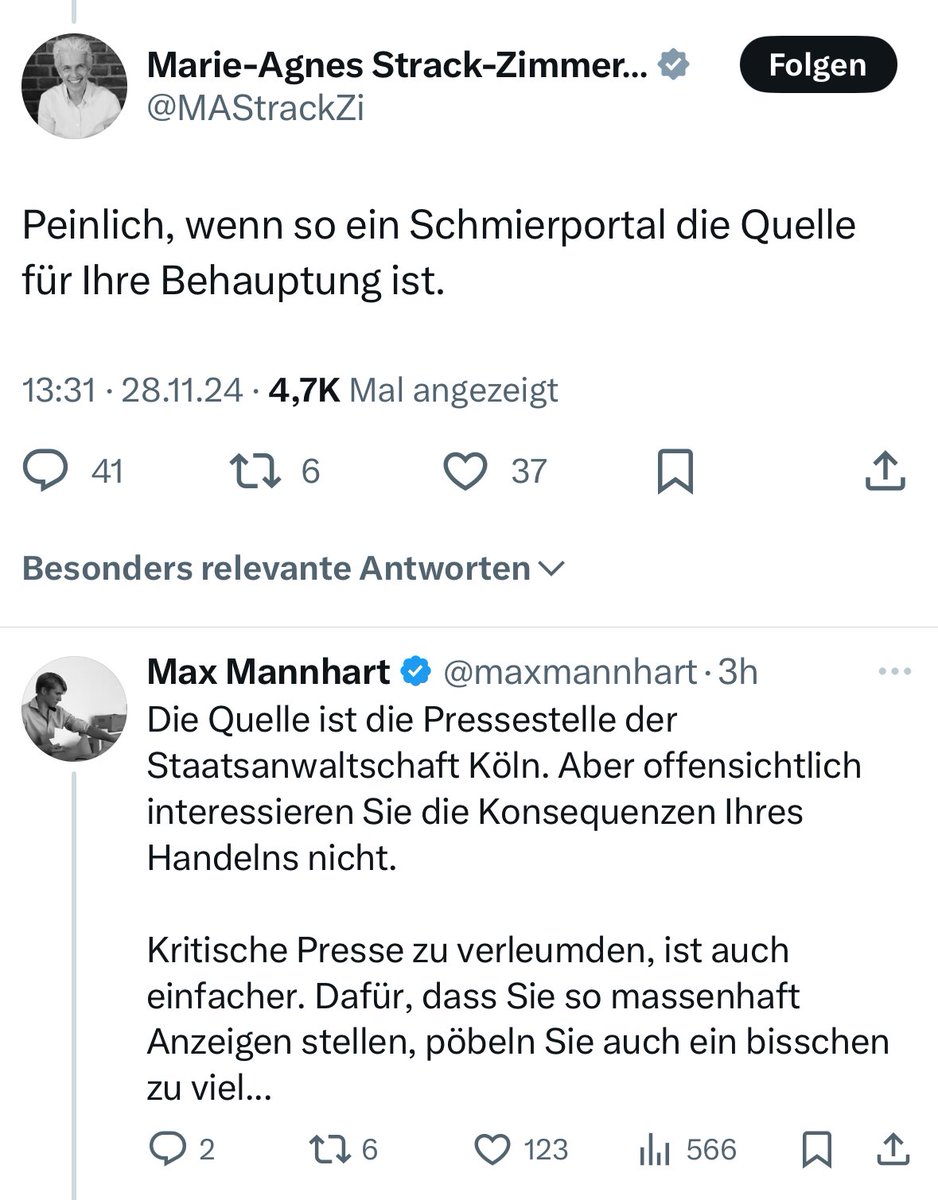 Strack-Zimmermann bepöbelt uns als „Schmierenportal“, weil wir den - von der Staatsanwaltschaft Köln bestätigten - Fakt berichten, dass ihre Anzeigen-Flut 5 Staatsanwälte parallel beschäftigt. 

Ich sehe das bei dieser Frau mittlerweile als Qualitätsauszeichnung.