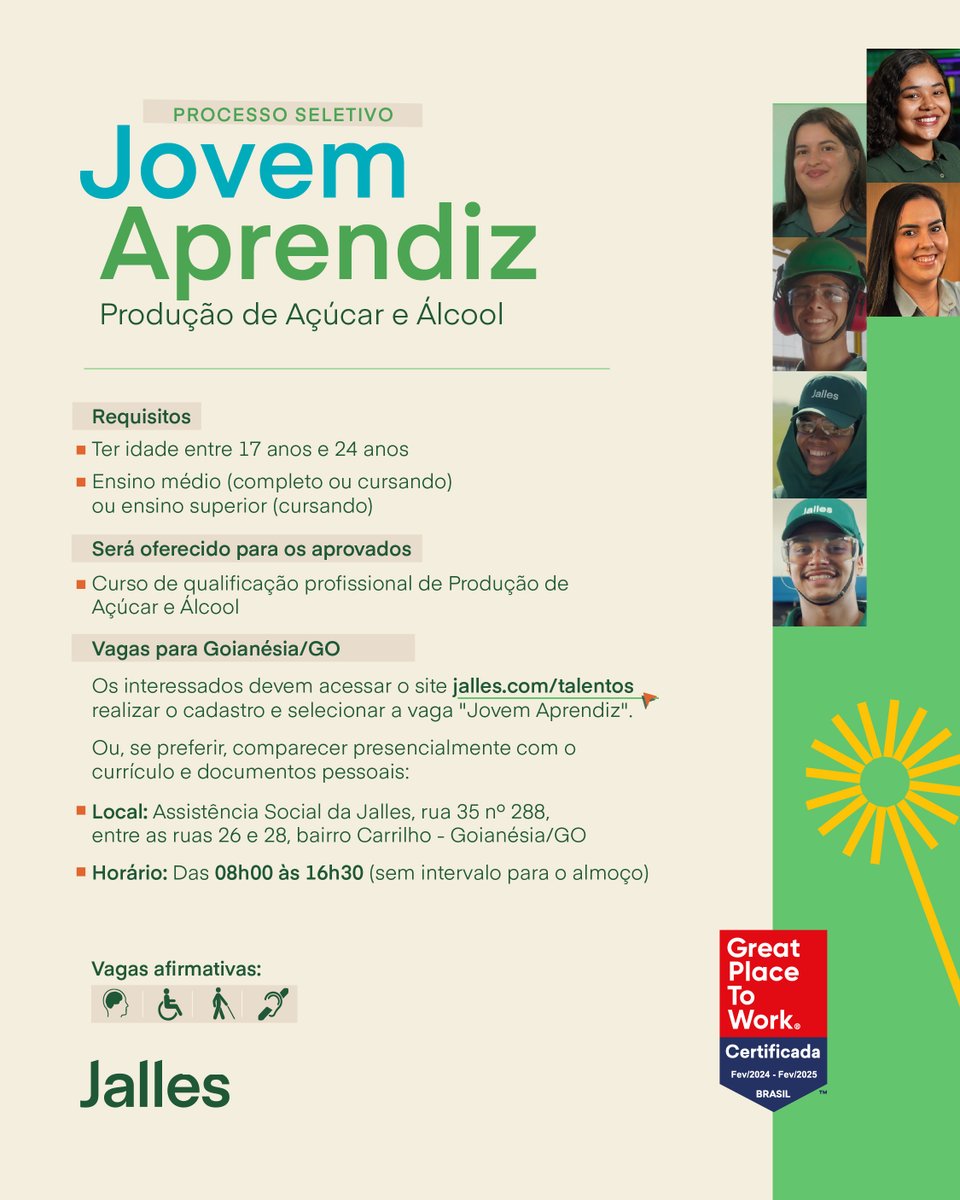 jalles's tweet photo. Estamos com vagas abertas para jovem aprendiz.

Acesse https://t.co/Ae94CbiutH e venha fazer parte do nosso time!

Se preferir, compareça presencialmente no dia, horário e local informados na arte.

Vagas para nossas unidades em Goianésia/GO.

#Jalles #Goianésia #Goiás https://t.co/bOYDS3us3h